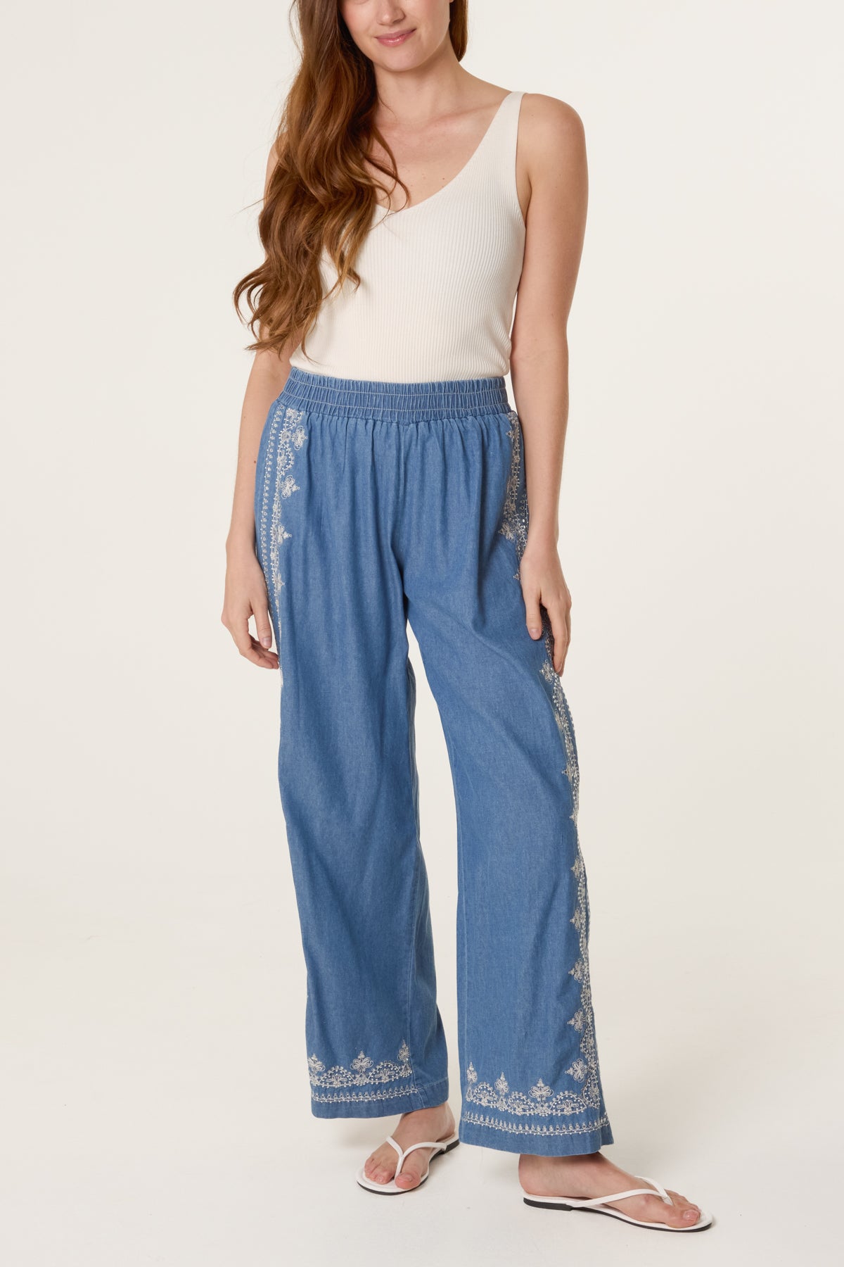 Embroidered Seam Wide Leg Denim Trouser