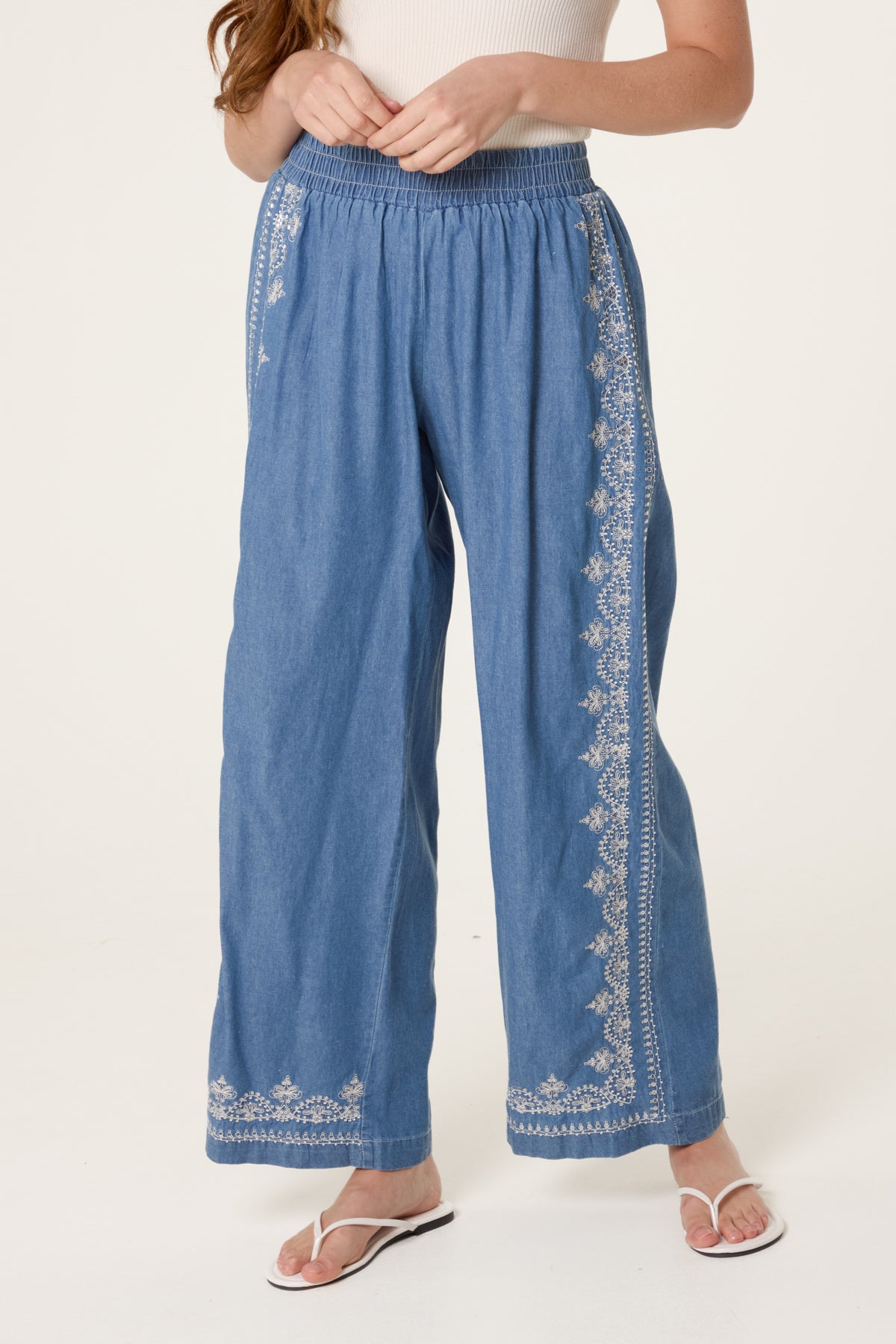 Embroidered Seam Wide Leg Denim Trouser