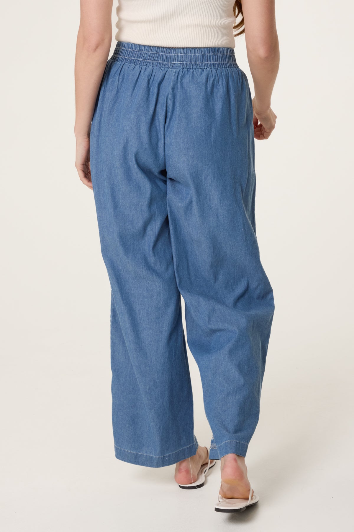 Embroidered Seam Wide Leg Denim Trouser