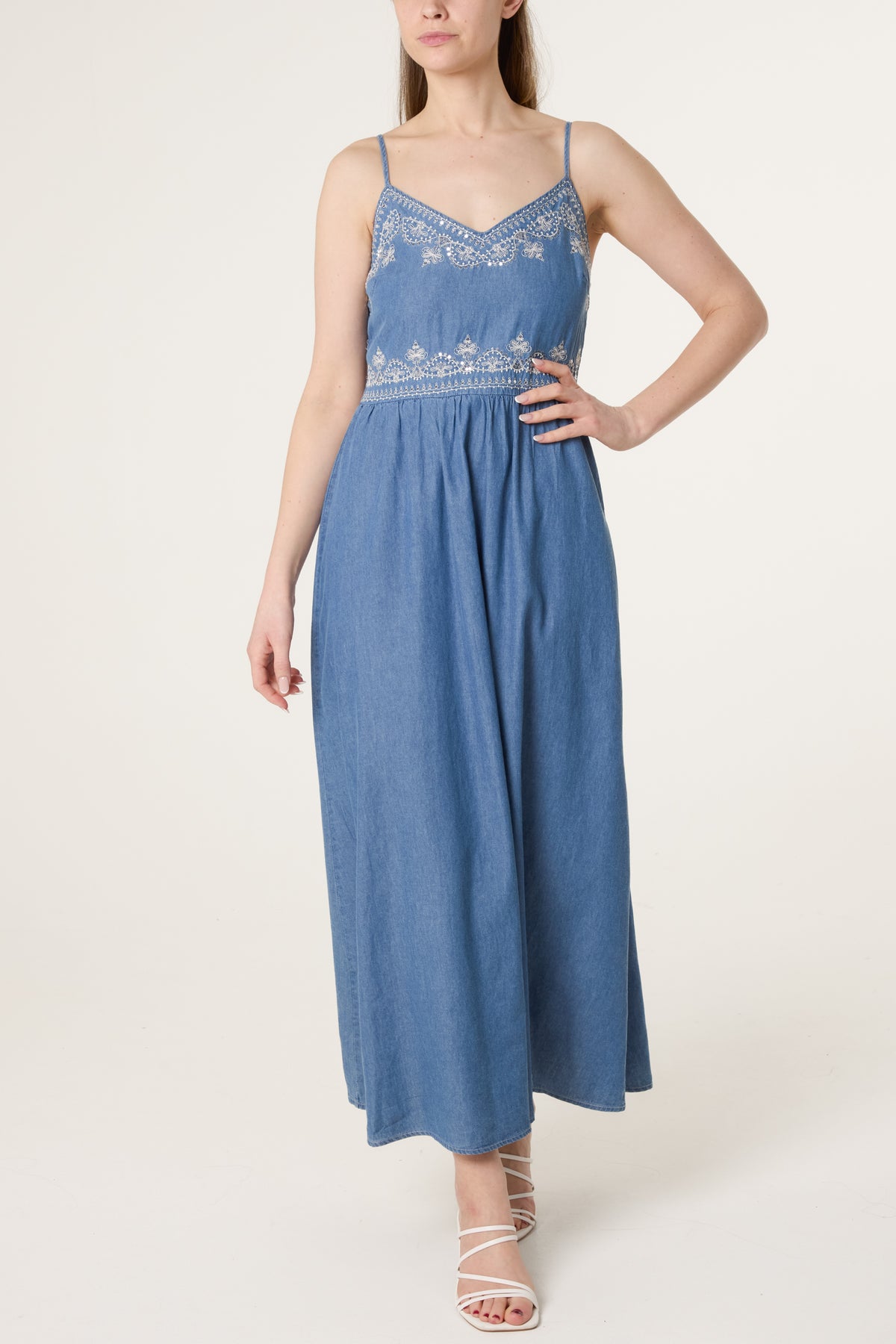 Embroidered Denim Cami Dress