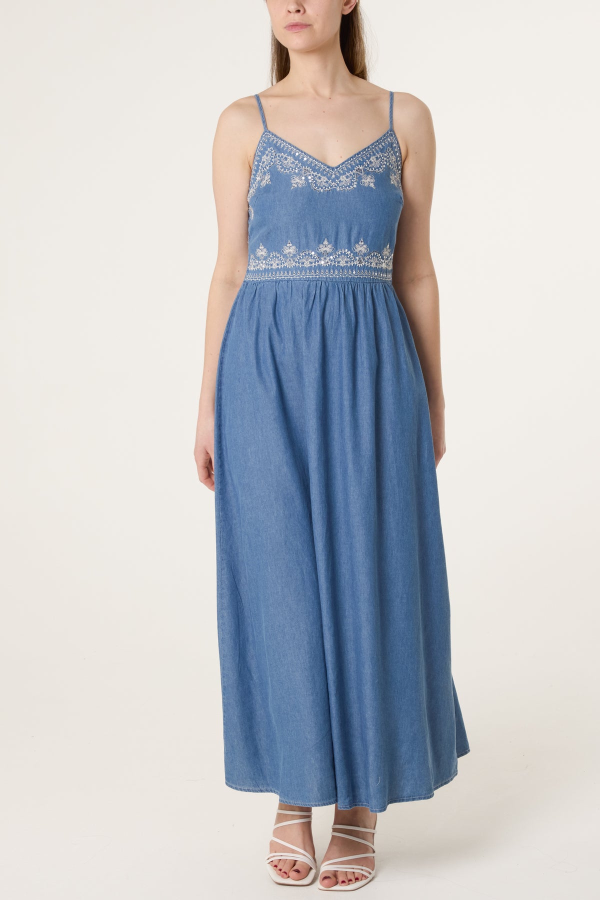 Embroidered Denim Cami Dress