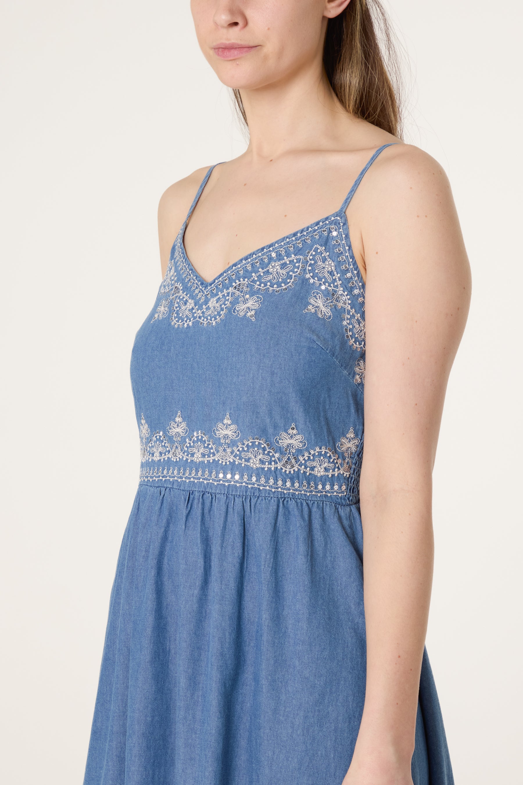 Embroidered Denim Cami Dress