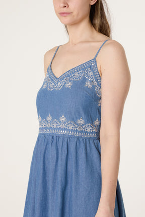 Embroidered Denim Cami Dress