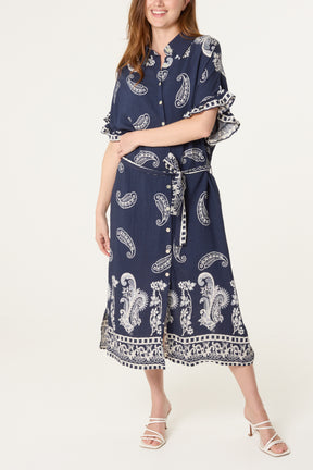 Paisley Print Buttons & Belt Dress