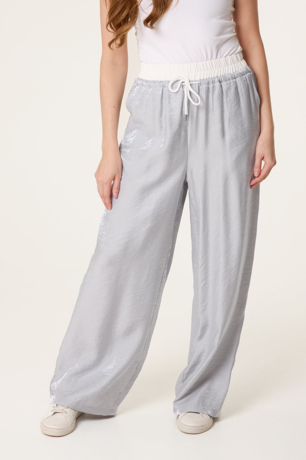 Contrast Elastic Waist Shiny Trousers