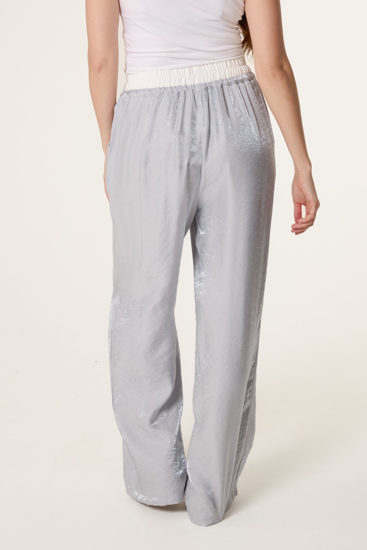 Contrast Elastic Waist Shiny Trousers