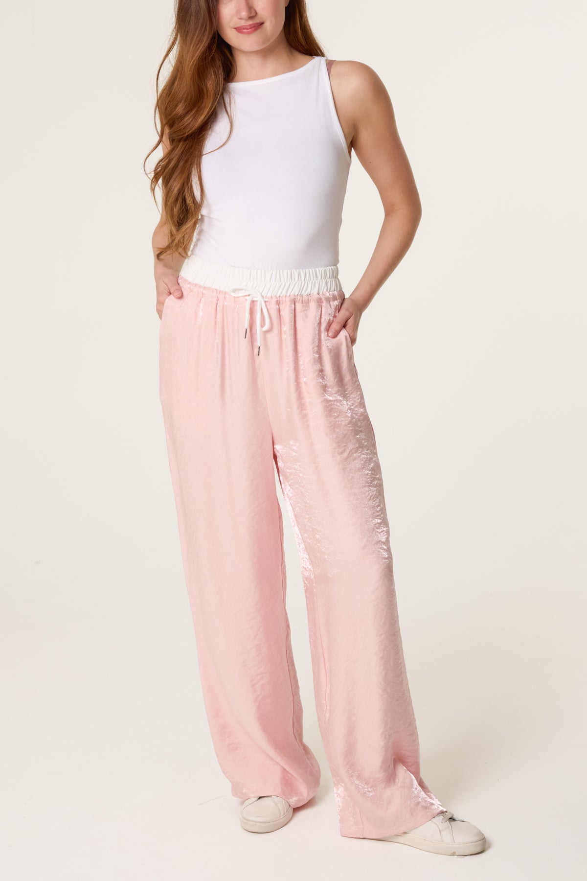 Contrast Elastic Waist Shiny Trousers