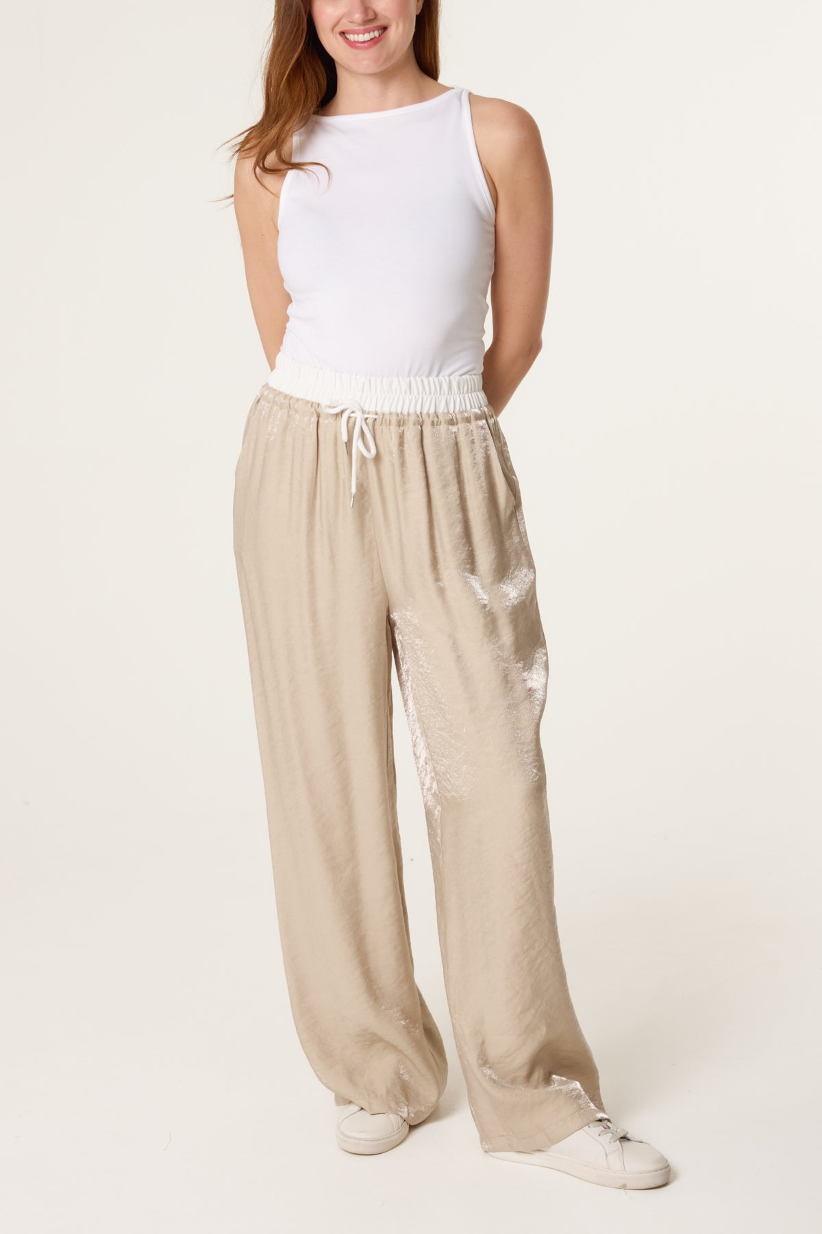Contrast Elastic Waist Shiny Trousers