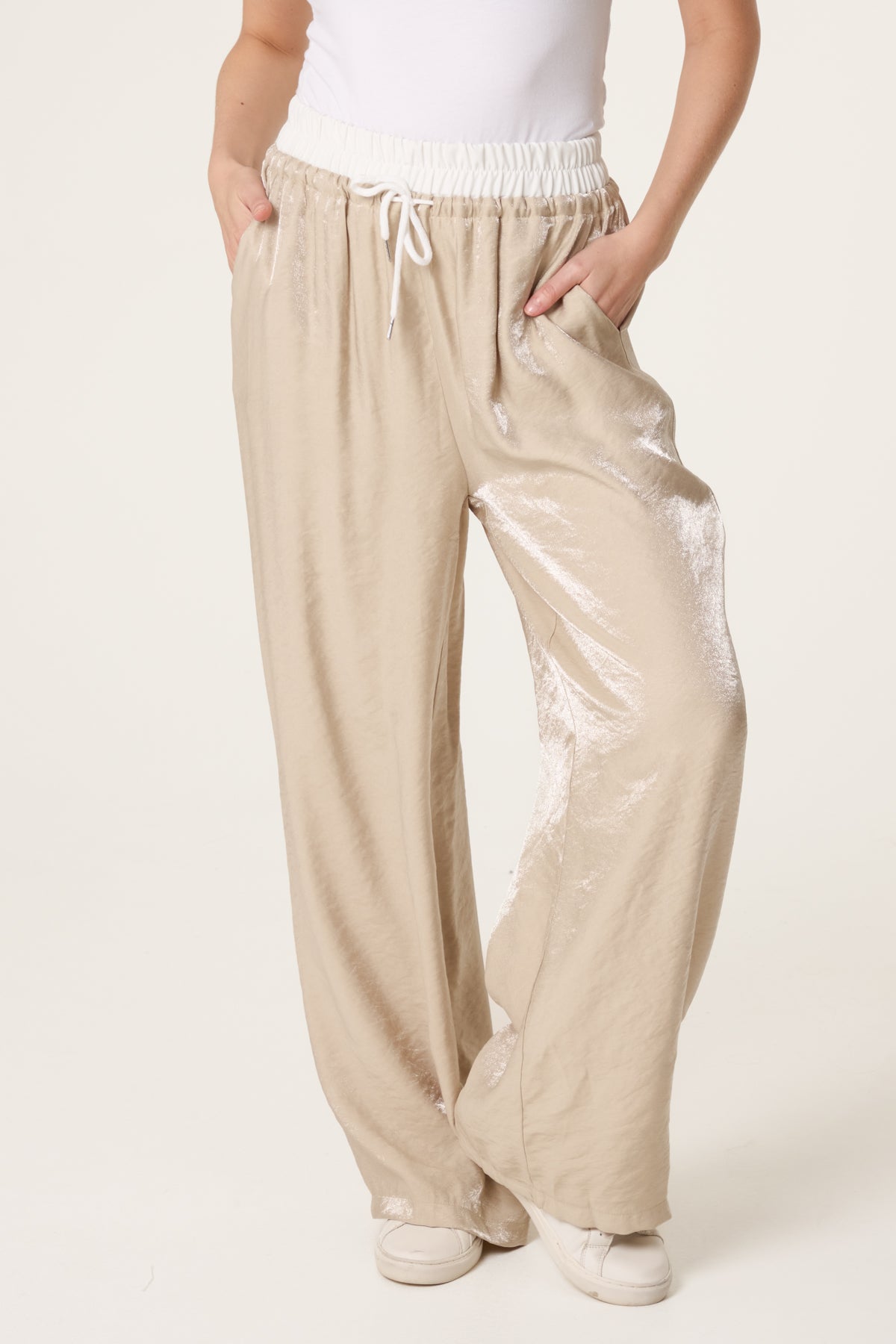 Contrast Elastic Waist Shiny Trousers