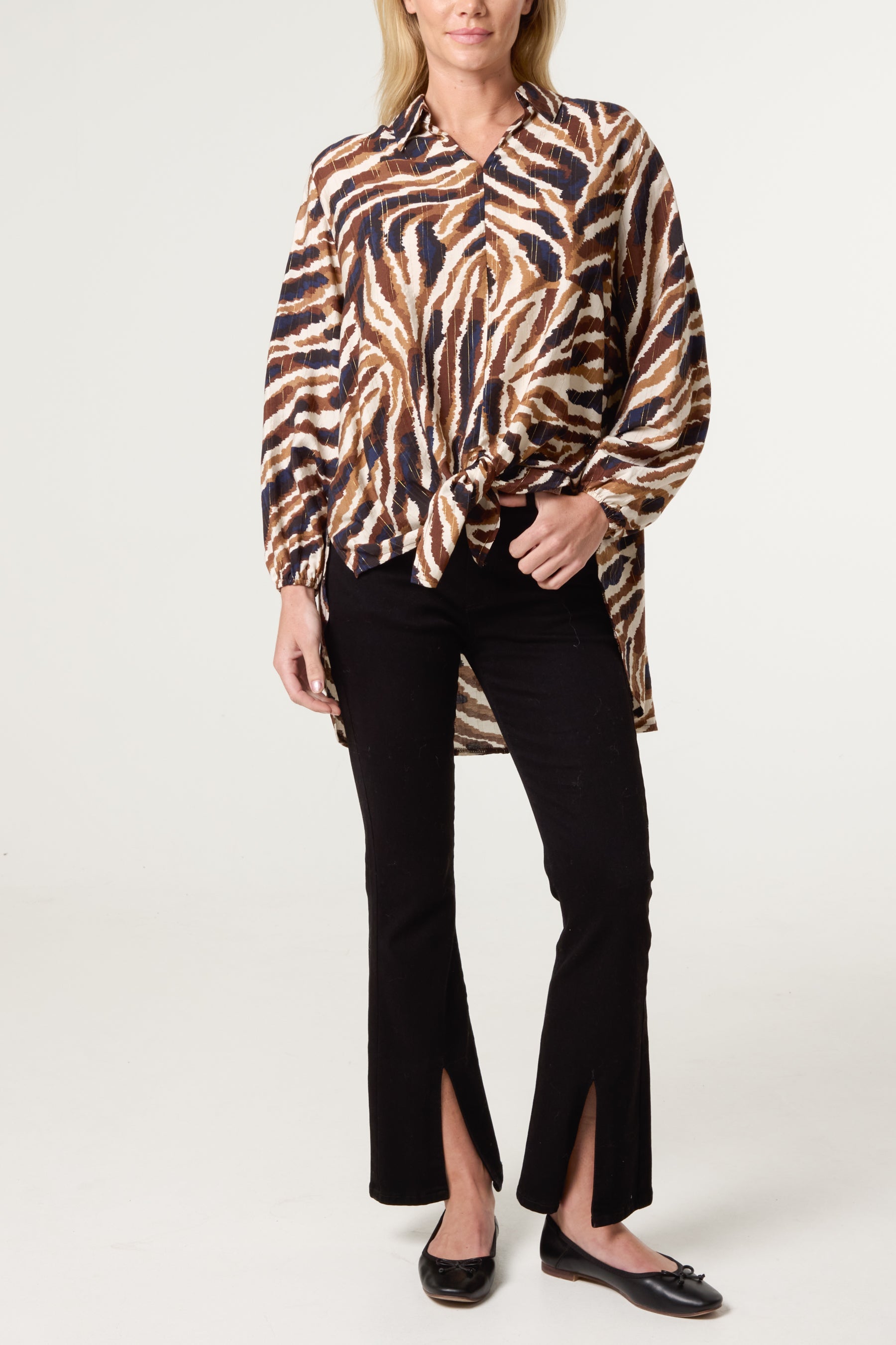 Front Knot Metallic Zebra Print Shirt