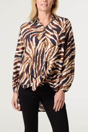 Front Knot Metallic Zebra Print Shirt