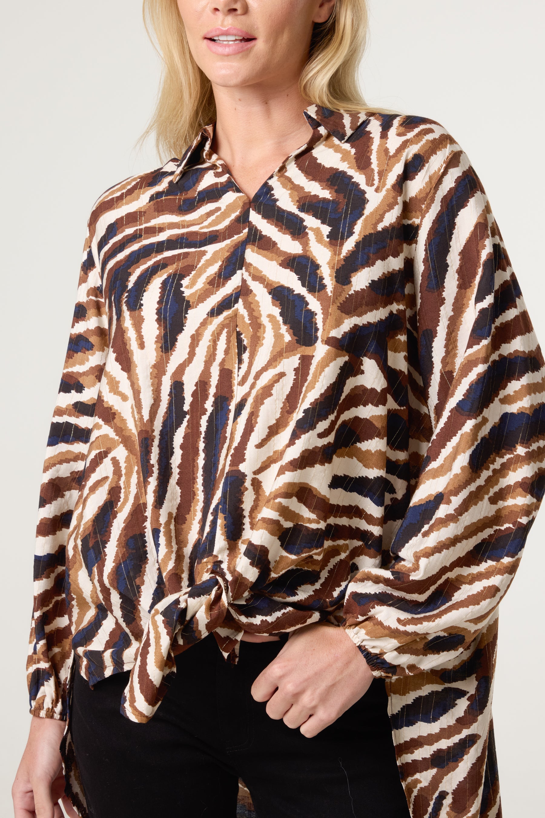 Front Knot Metallic Zebra Print Shirt