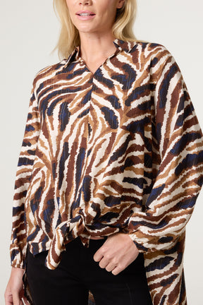 Front Knot Metallic Zebra Print Shirt