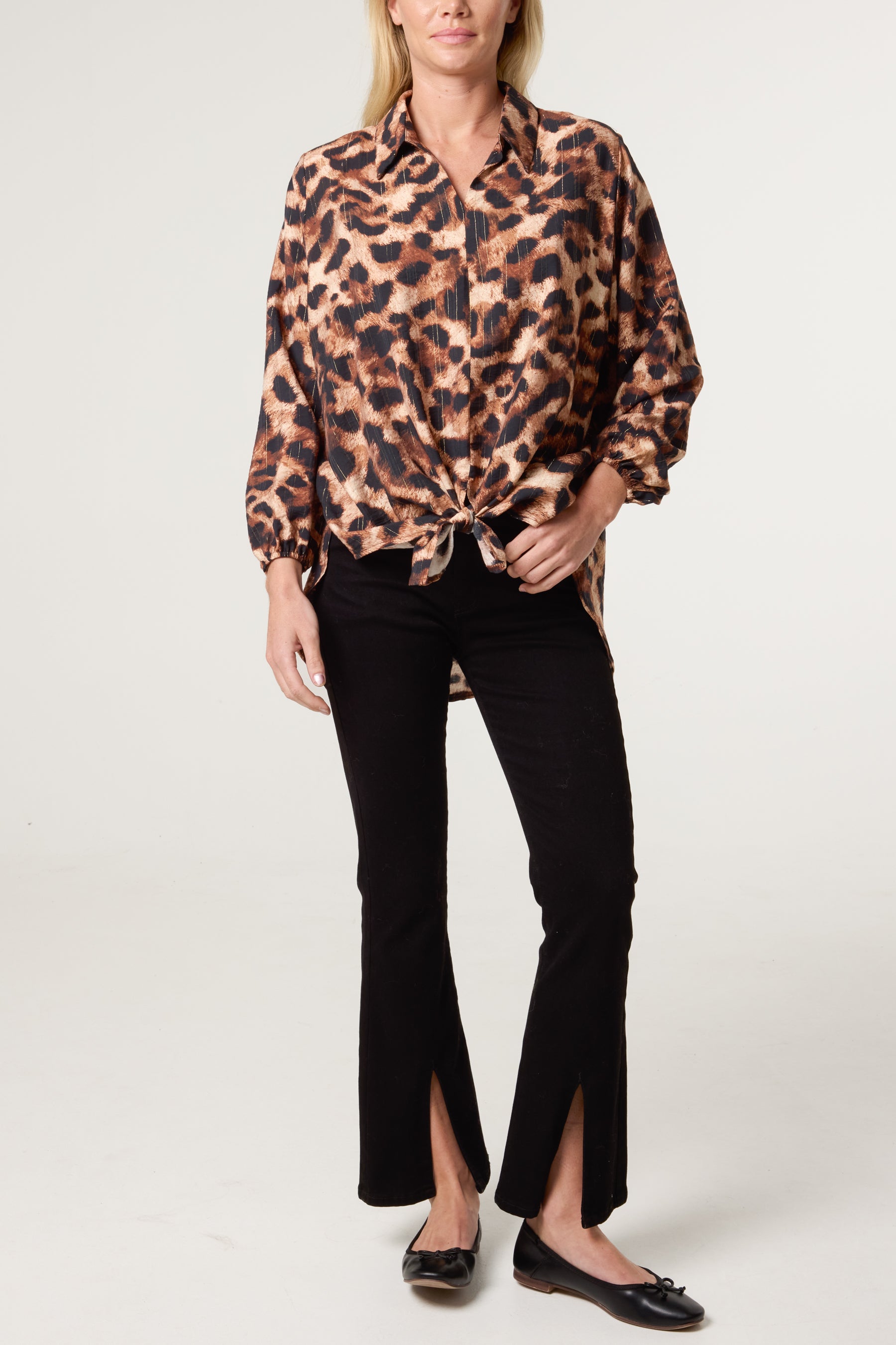 V-Neck Leopard Print & Metallic Detail Oversized Shirt