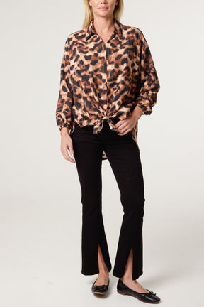V-Neck Leopard Print & Metallic Detail Oversized Shirt