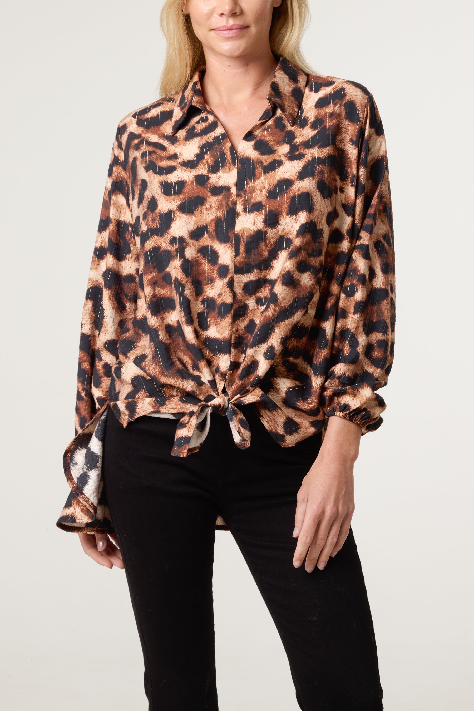 V-Neck Leopard Print & Metallic Detail Oversized Shirt