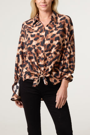 V-Neck Leopard Print & Metallic Detail Oversized Shirt