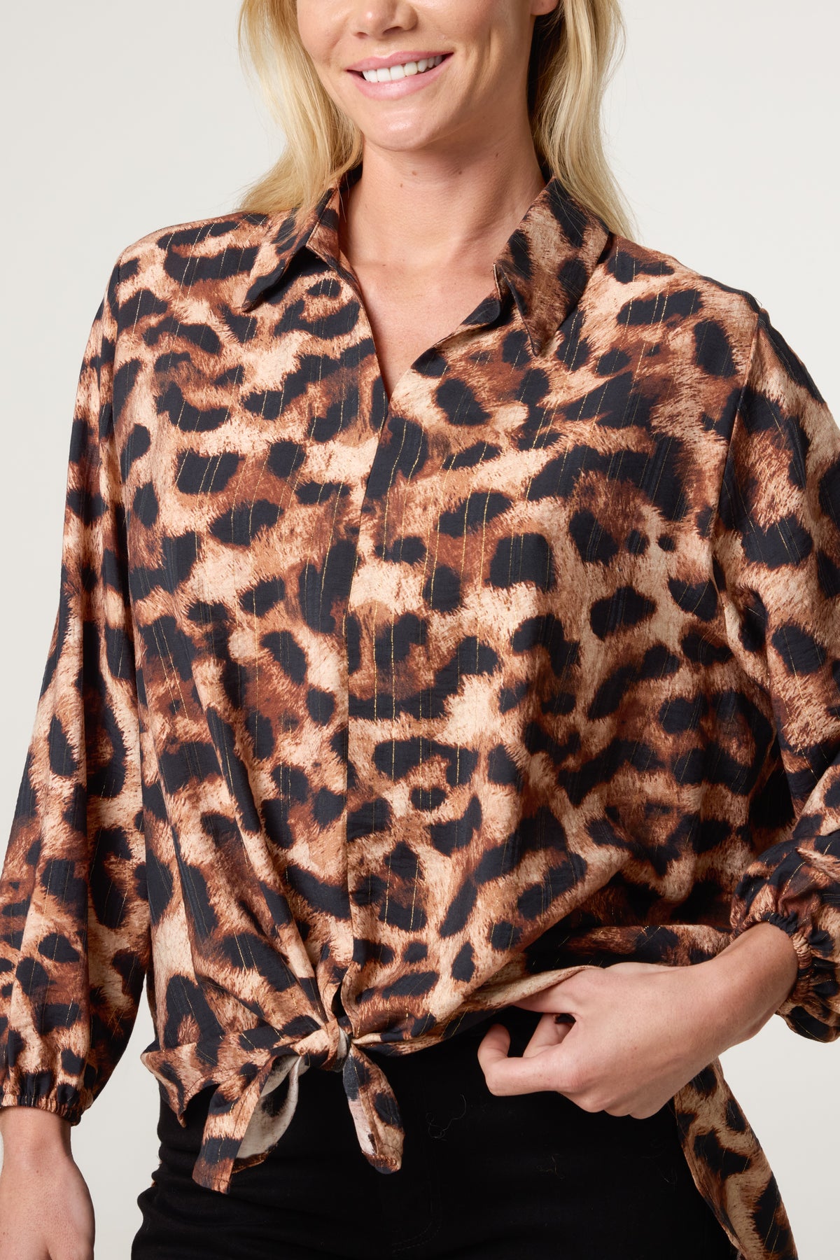 V-Neck Leopard Print & Metallic Detail Oversized Shirt