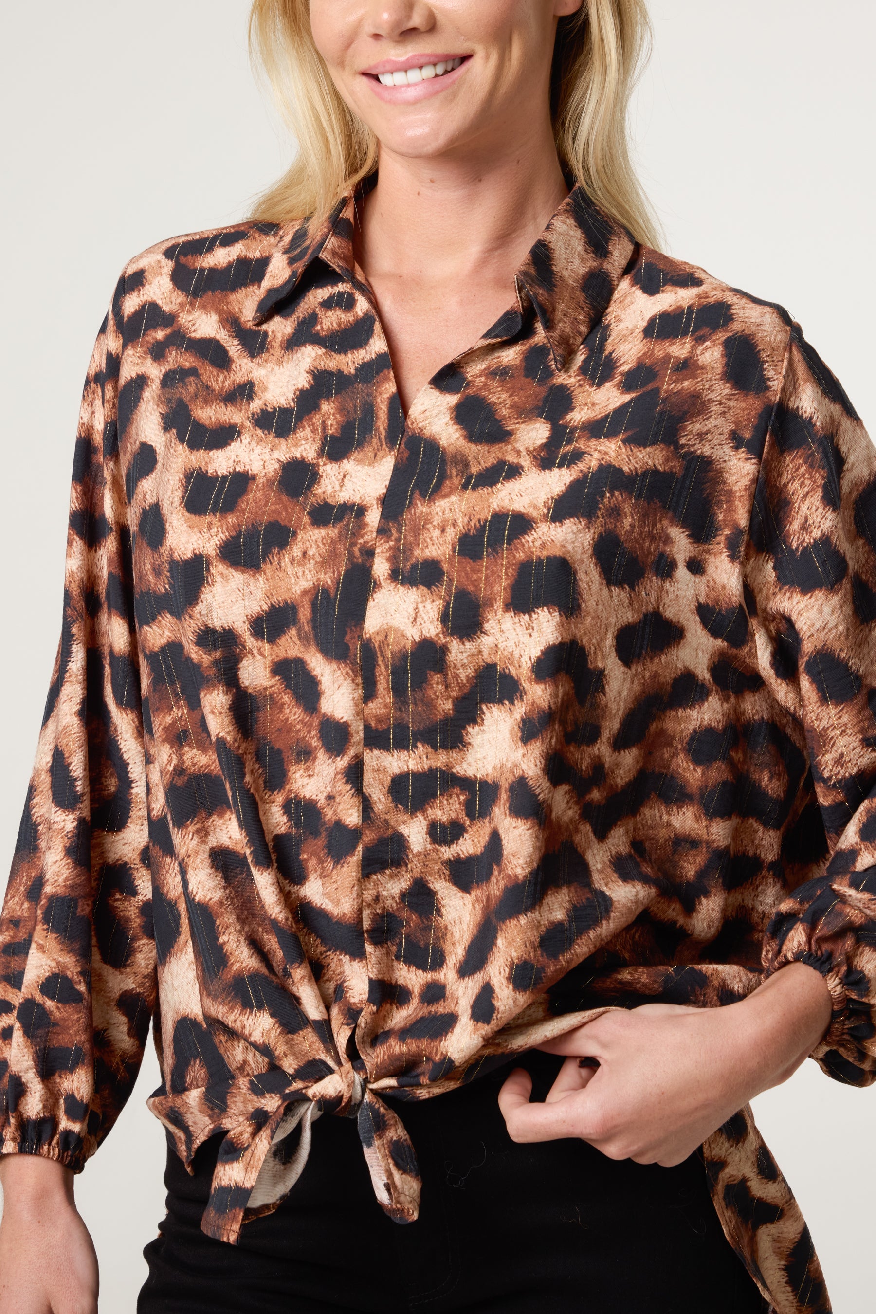 V-Neck Leopard Print & Metallic Detail Oversized Shirt