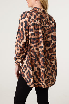 V-Neck Leopard Print & Metallic Detail Oversized Shirt