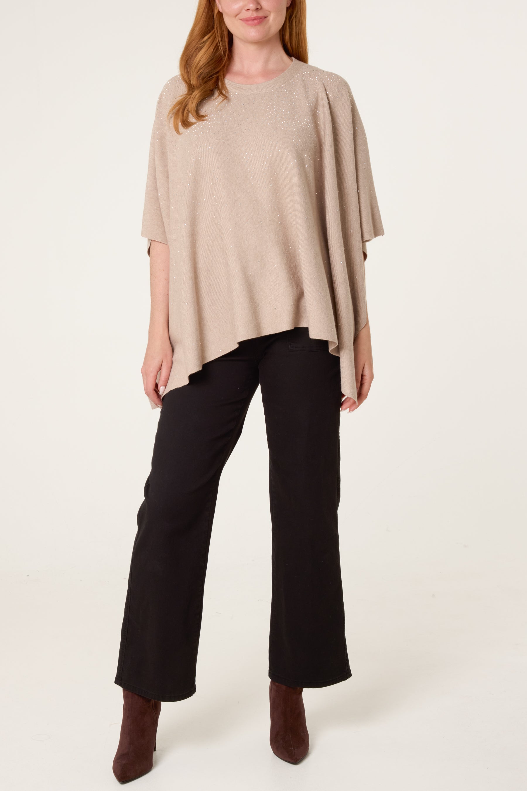 Embellished Knit Short Sleeve Cape Poncho