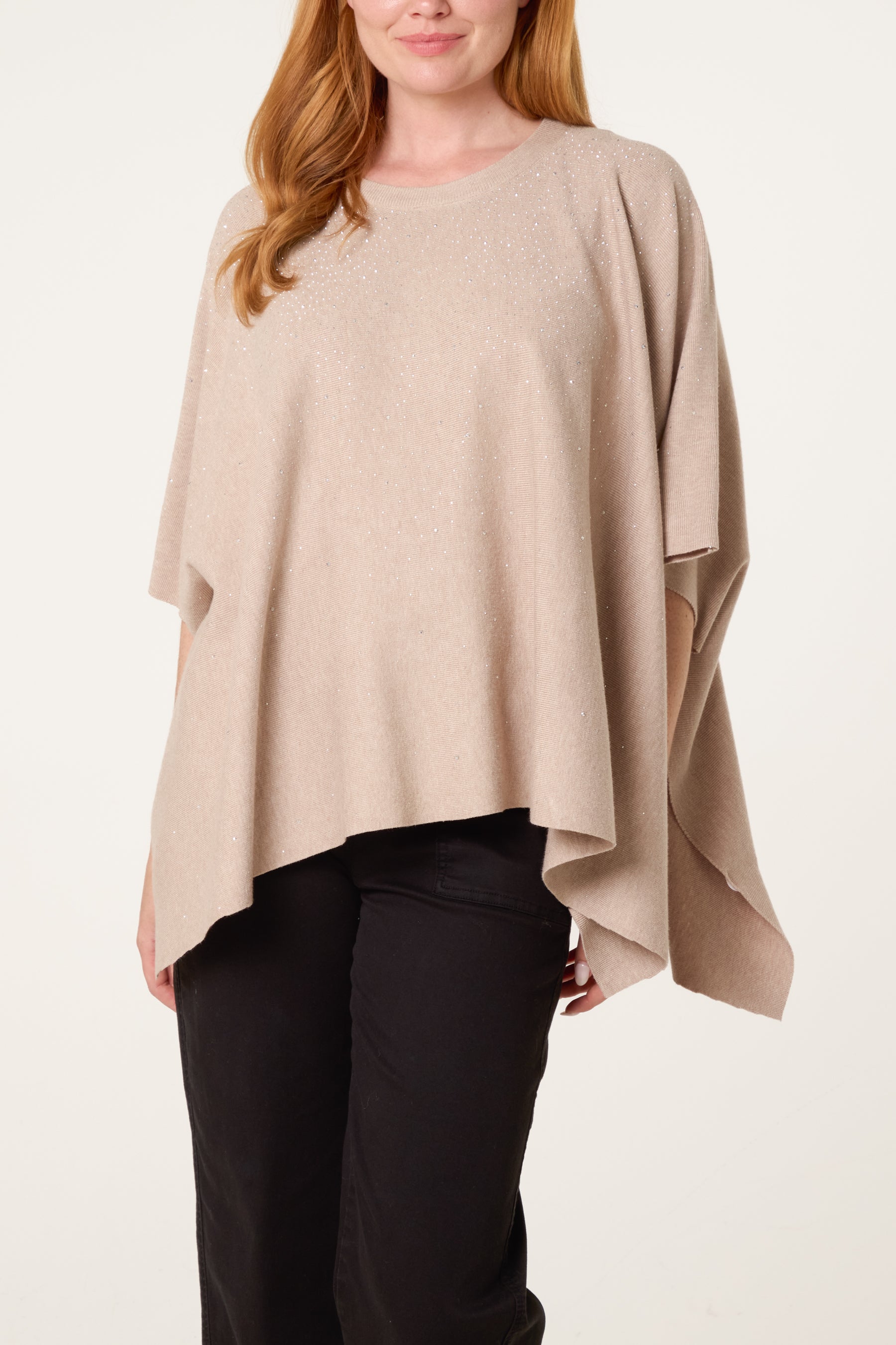 Embellished Knit Short Sleeve Cape Poncho