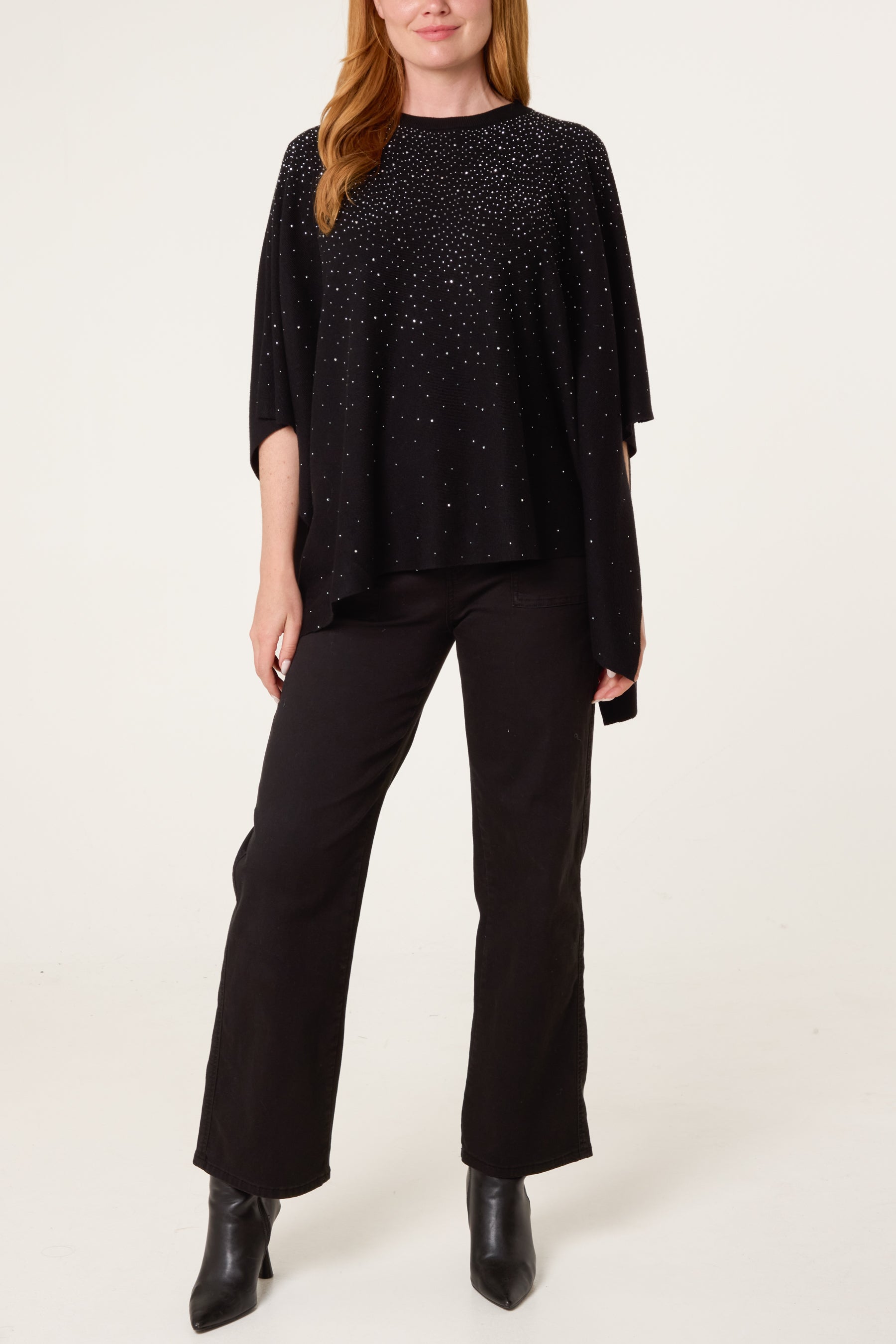 Embellished Knit Short Sleeve Cape Poncho