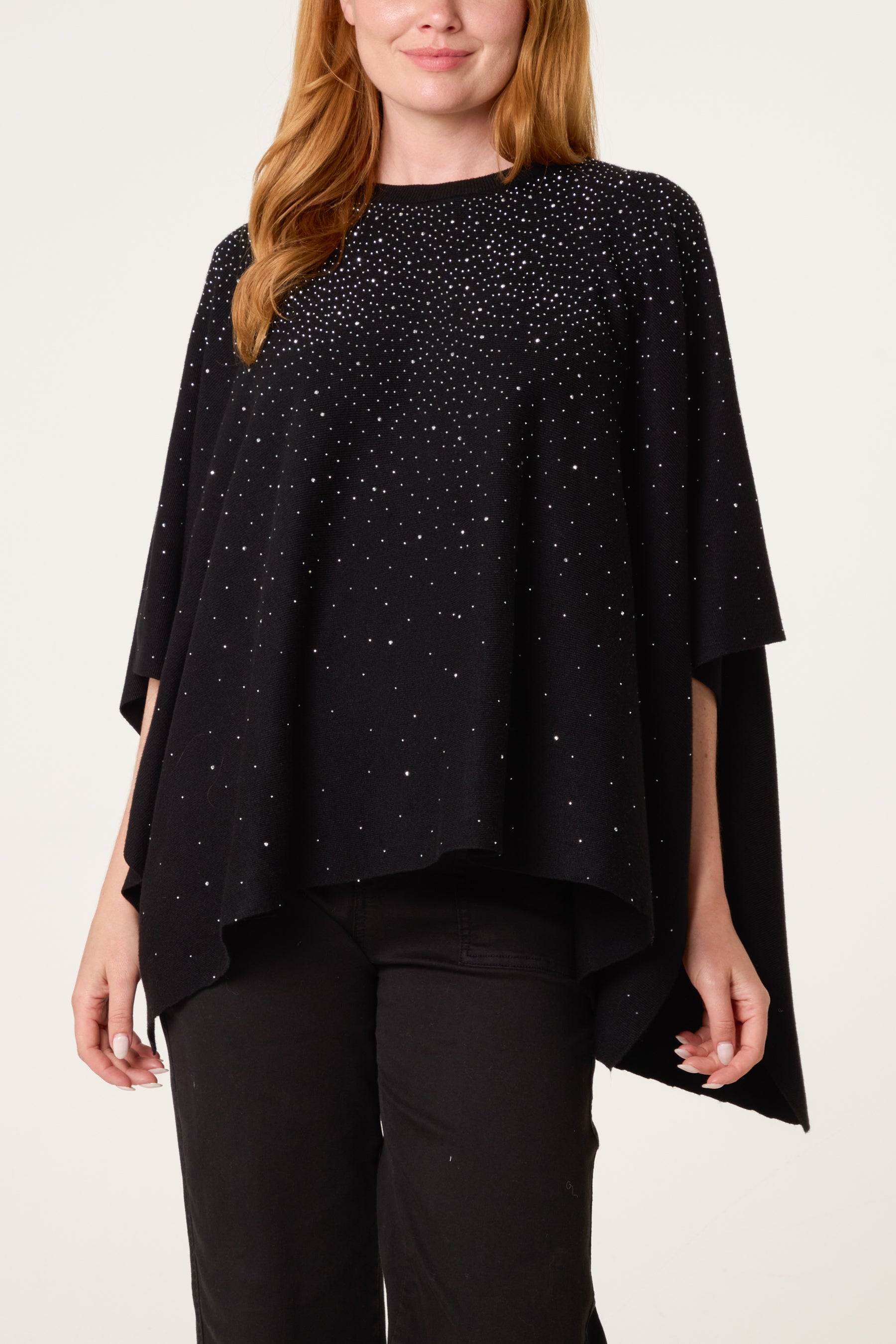 Embellished Knit Short Sleeve Cape Poncho