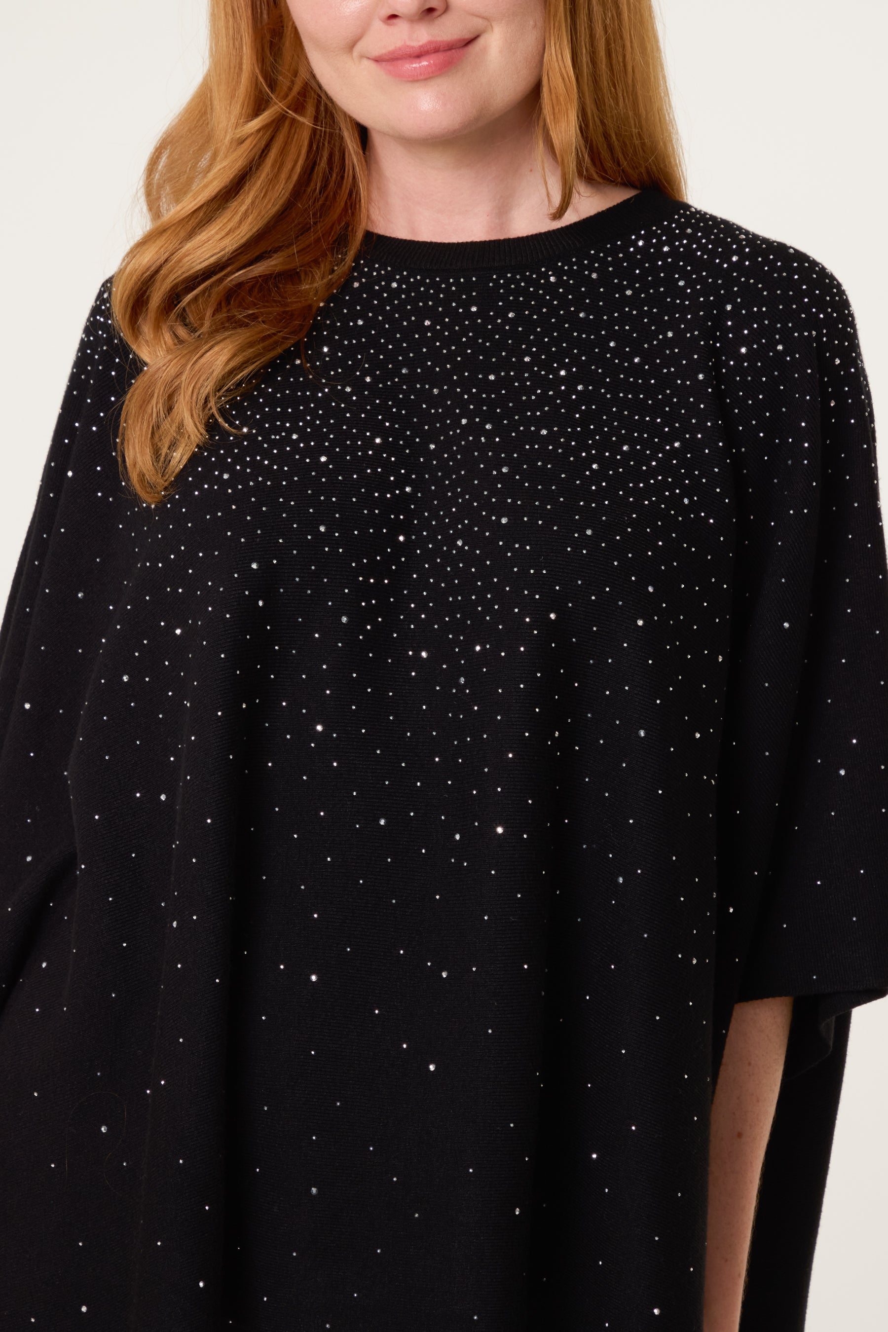 Embellished Knit Short Sleeve Cape Poncho