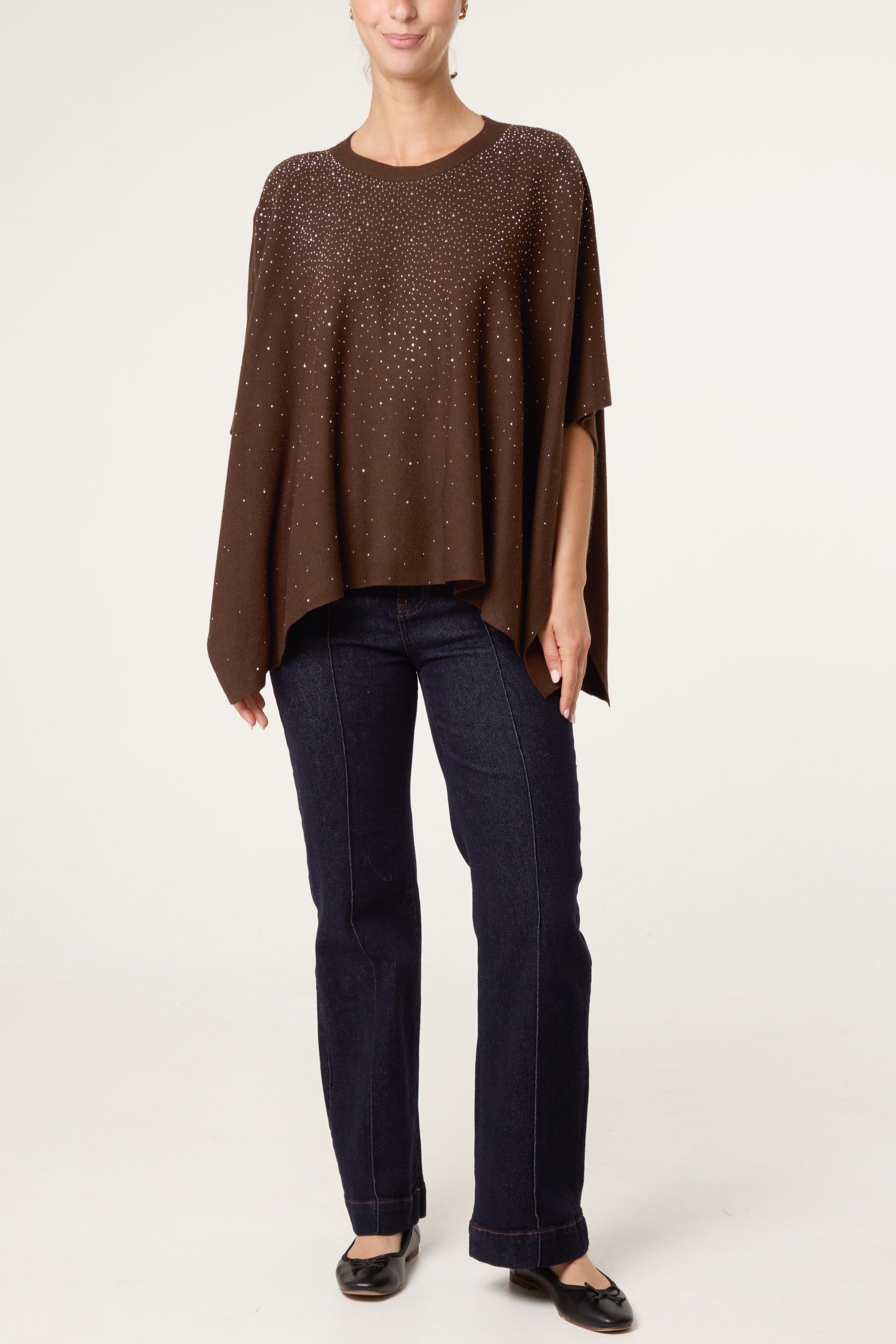 Embellished Knit Short Sleeve Cape Poncho