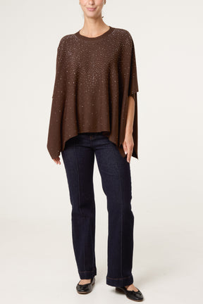 Embellished Knit Short Sleeve Cape Poncho