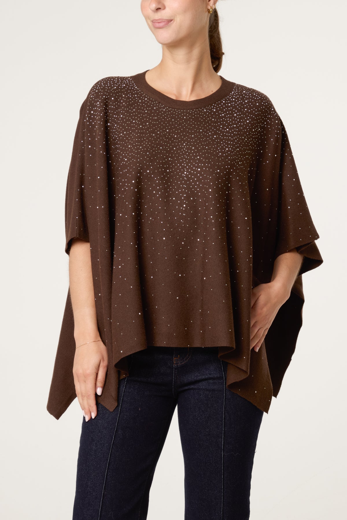Embellished Knit Short Sleeve Cape Poncho