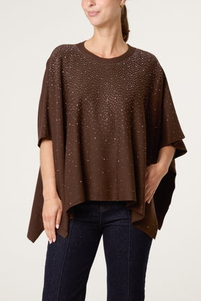 Embellished Knit Short Sleeve Cape Poncho