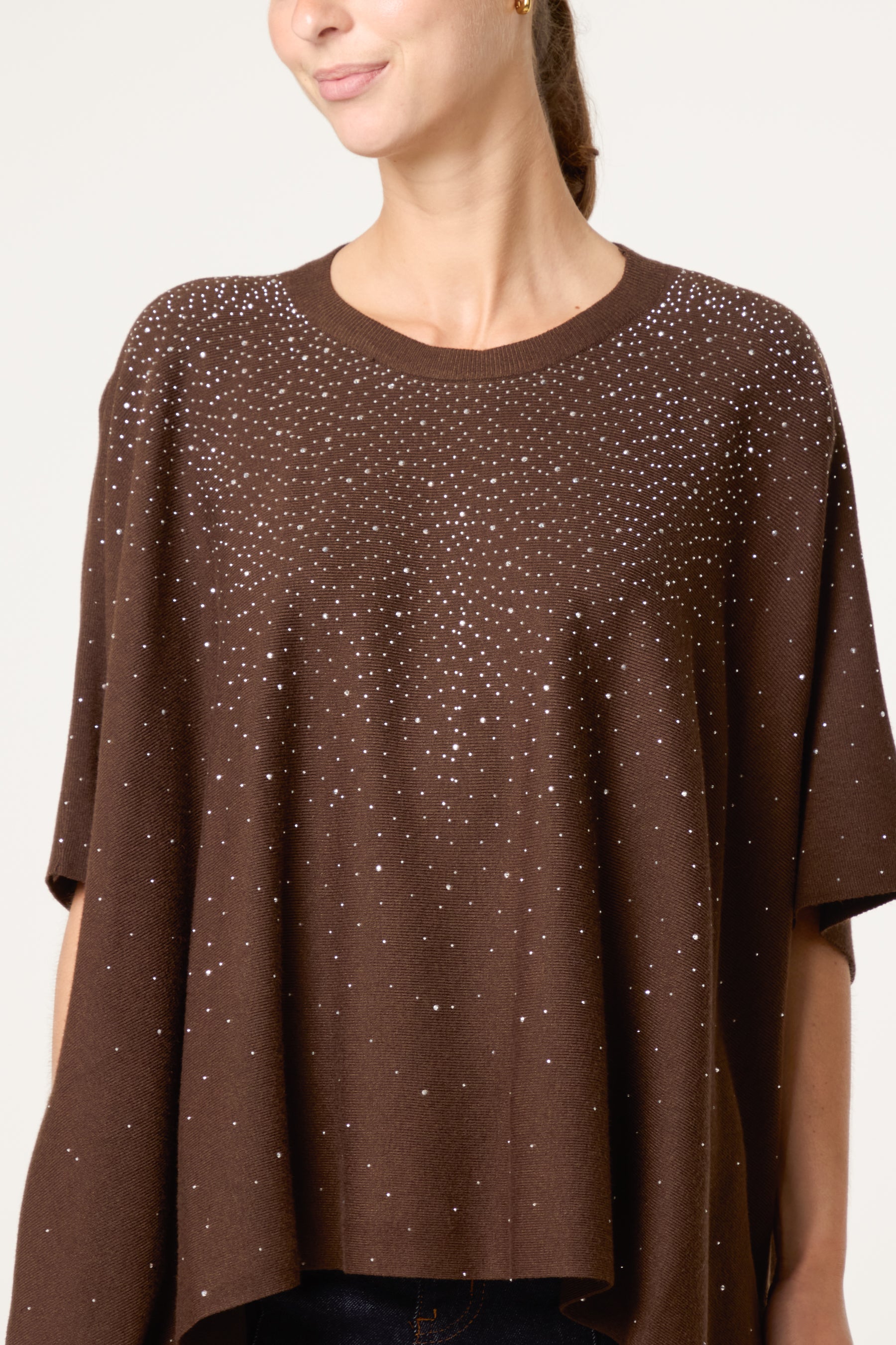 Embellished Knit Short Sleeve Cape Poncho