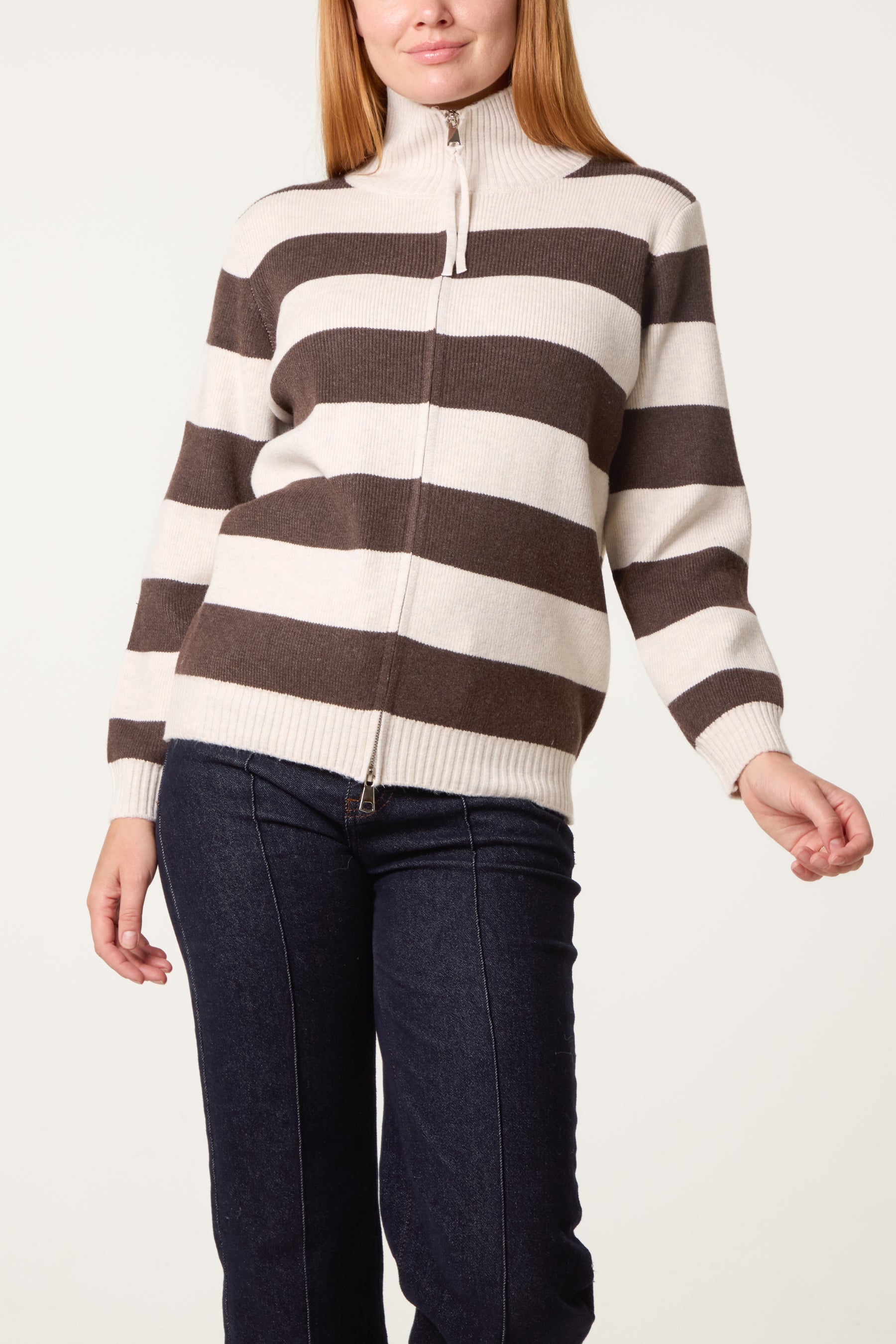 Stripe Zip-Up Knit Cardigan