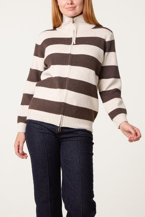 Stripe Zip-Up Knit Cardigan