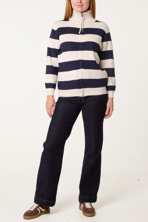 Stripe Zip-Up Knit Cardigan