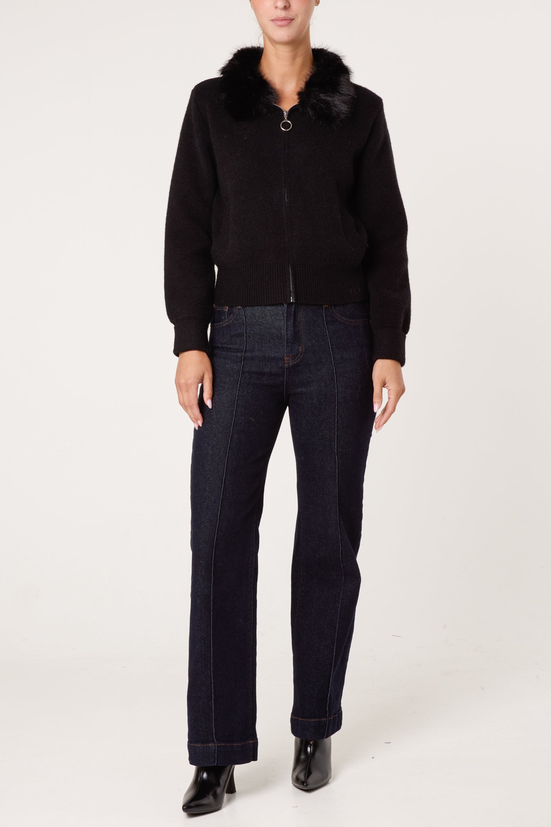 Zip-Up Faux Fur Collar Knit Cardigan
