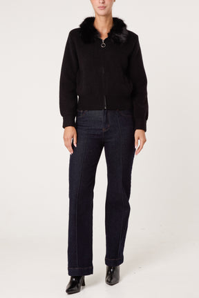 Zip-Up Faux Fur Collar Knit Cardigan