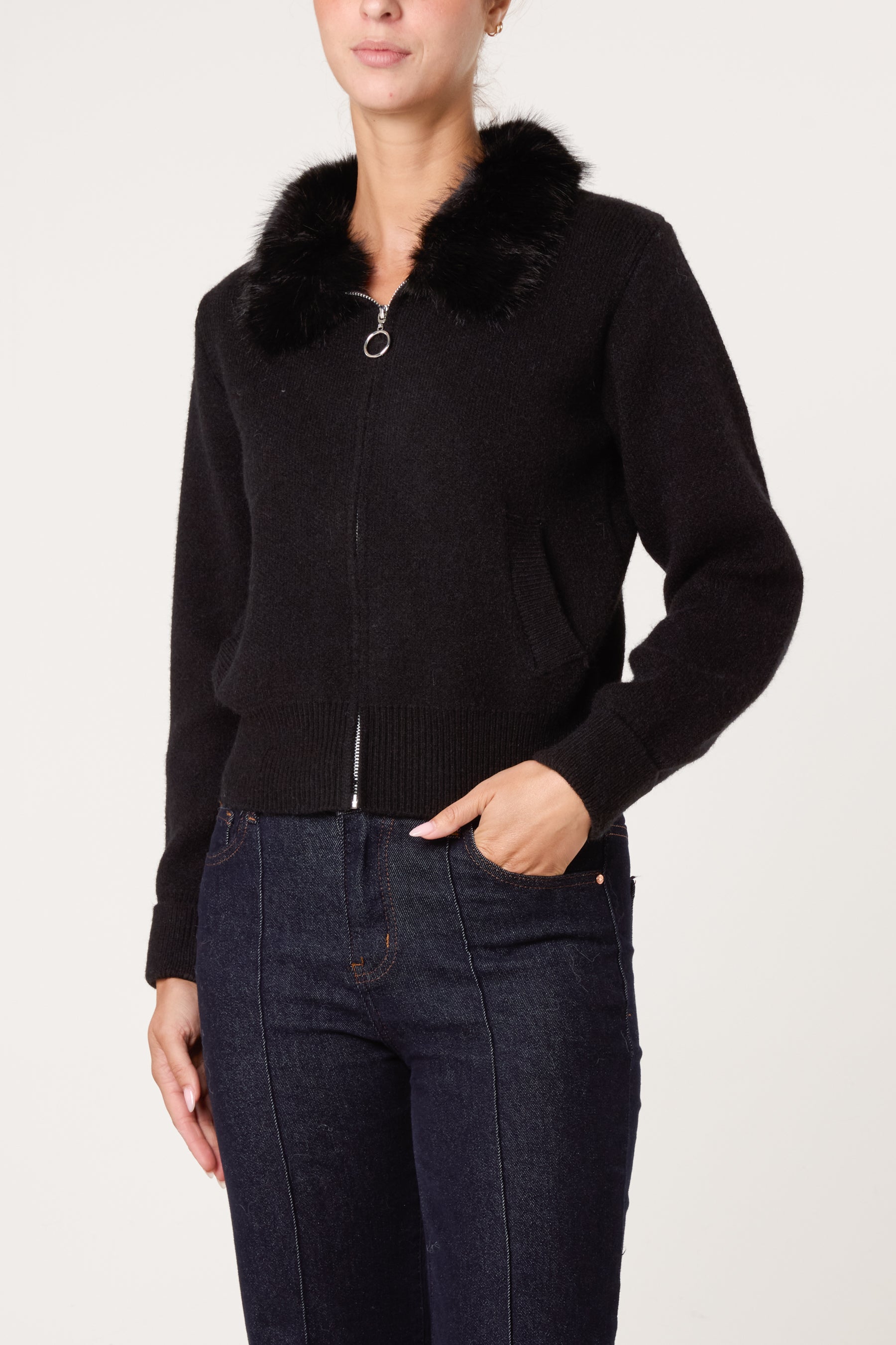 Zip-Up Faux Fur Collar Knit Cardigan