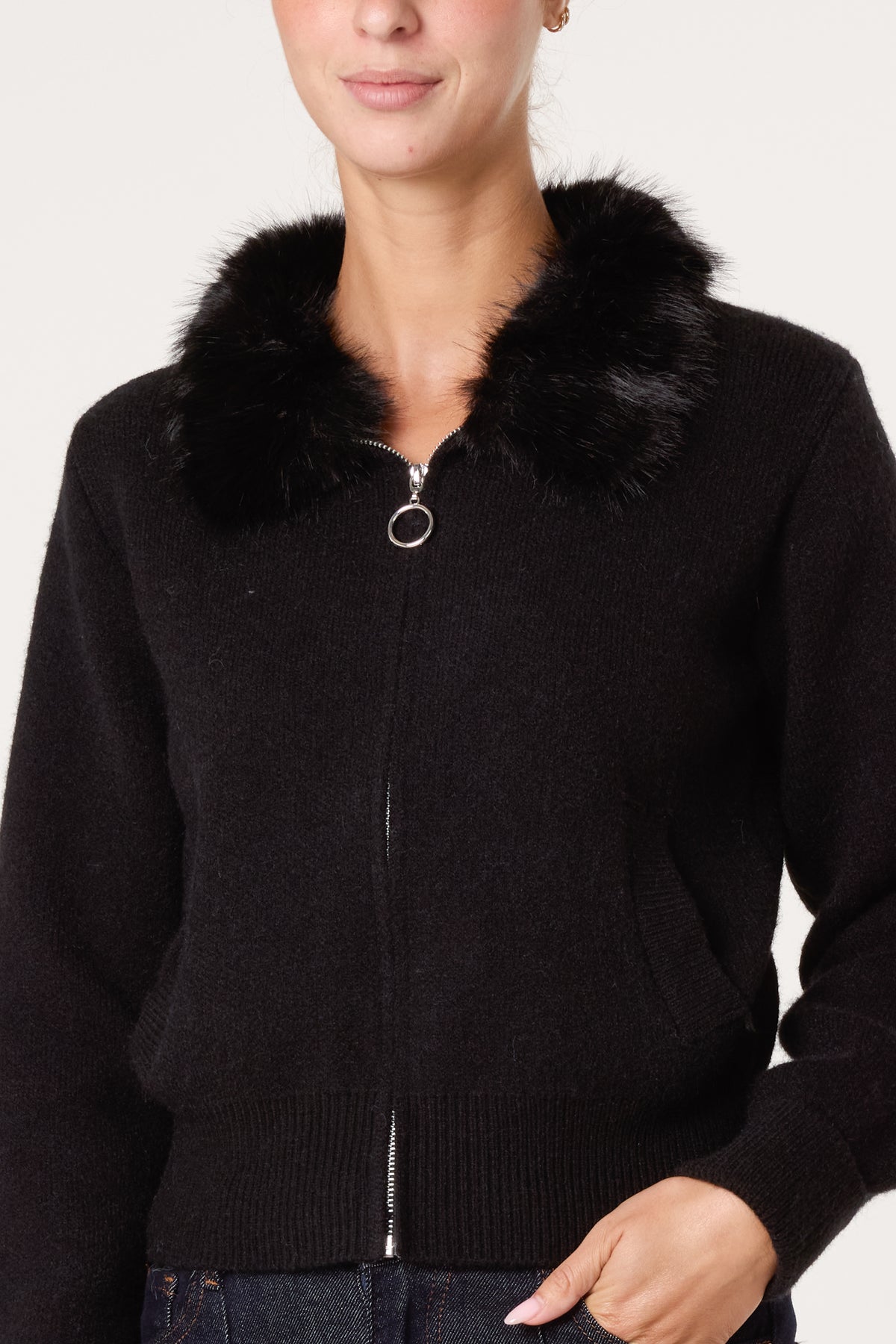 Zip-Up Faux Fur Collar Knit Cardigan
