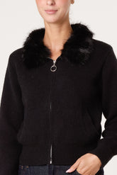 Zip-Up Faux Fur Collar Knit Cardigan