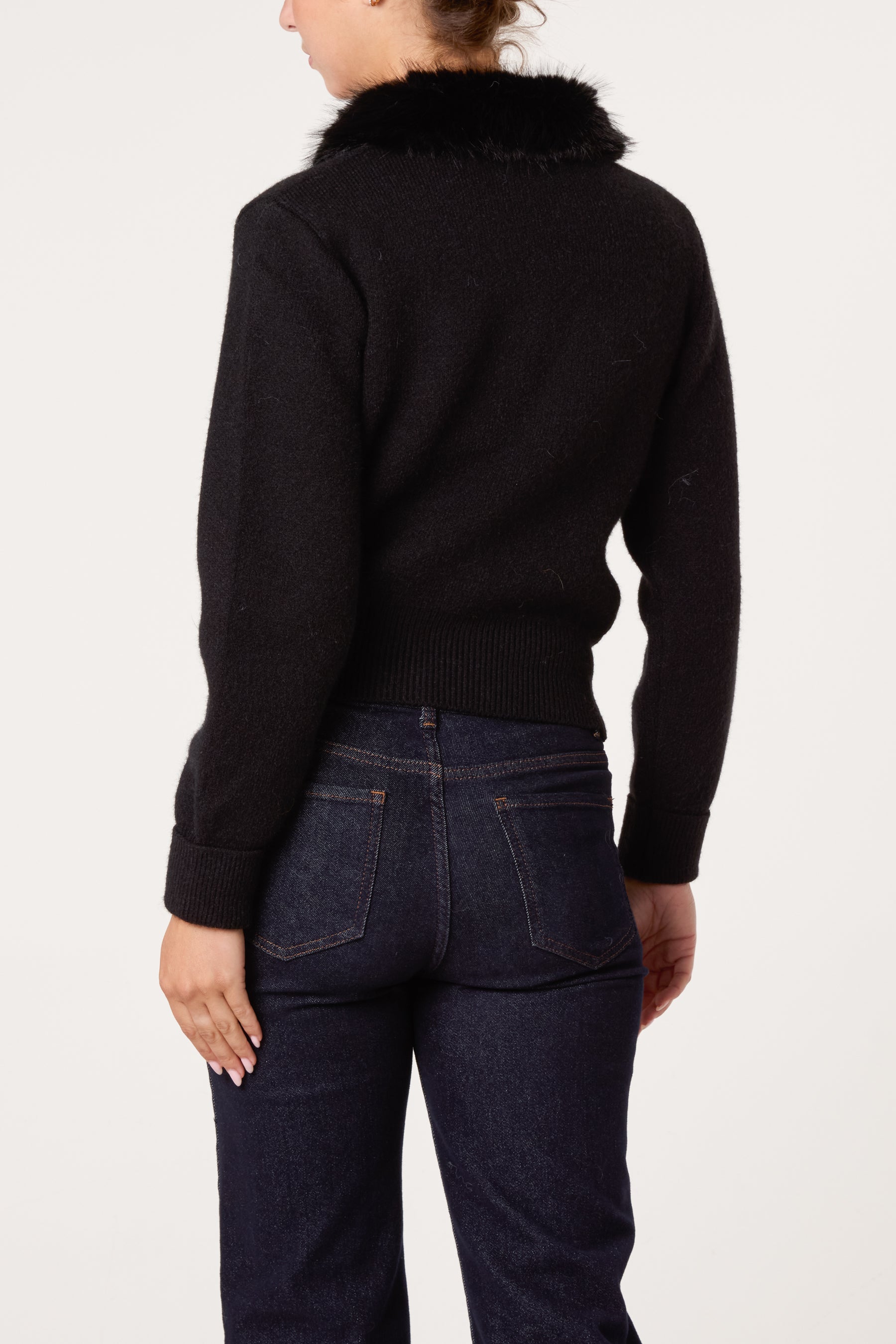 Zip-Up Faux Fur Collar Knit Cardigan