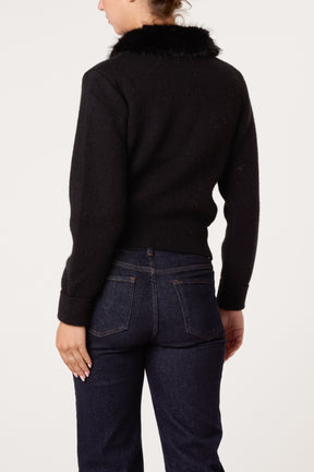 Zip-Up Faux Fur Collar Knit Cardigan
