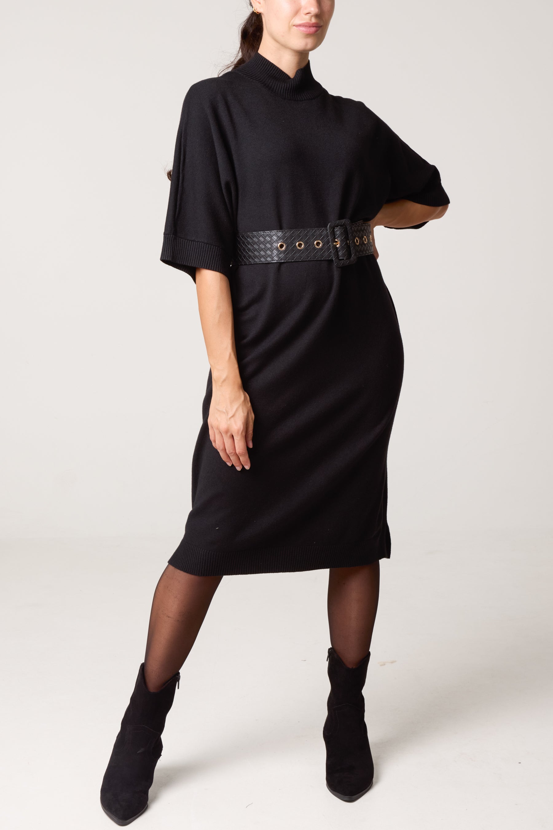 Bold Textured Belt High Neck Knit Midi Dress