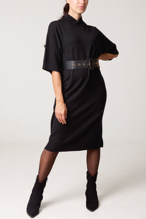 Bold Textured Belt High Neck Knit Midi Dress