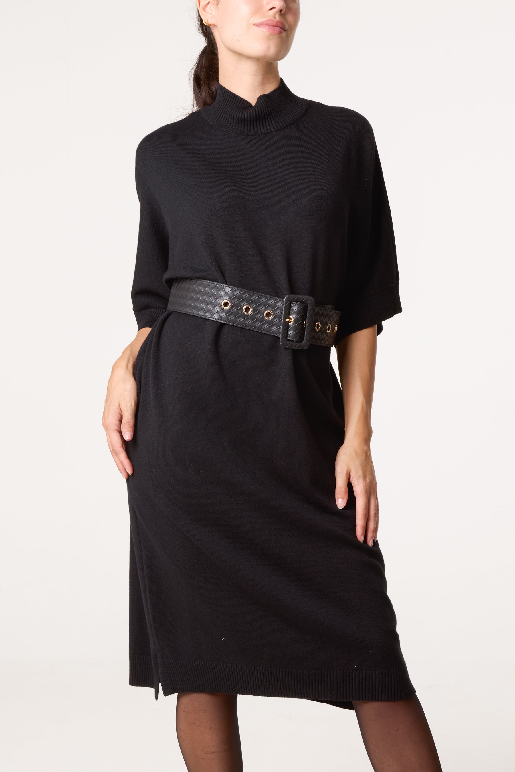 Bold Textured Belt High Neck Knit Midi Dress