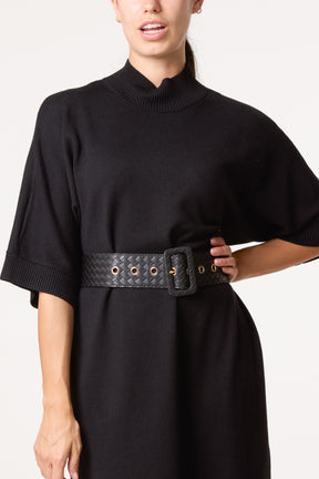 Bold Textured Belt High Neck Knit Midi Dress