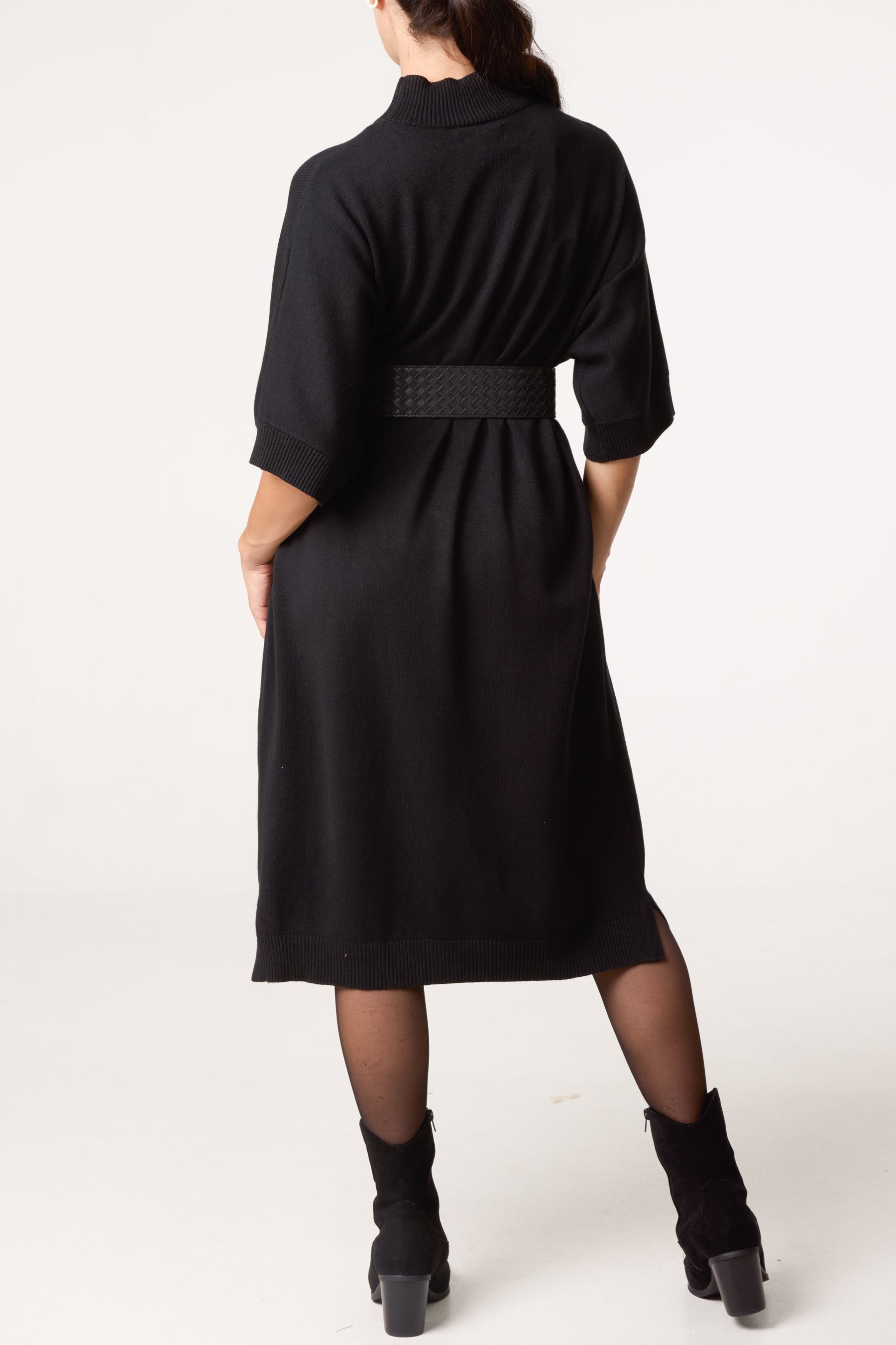 Bold Textured Belt High Neck Knit Midi Dress