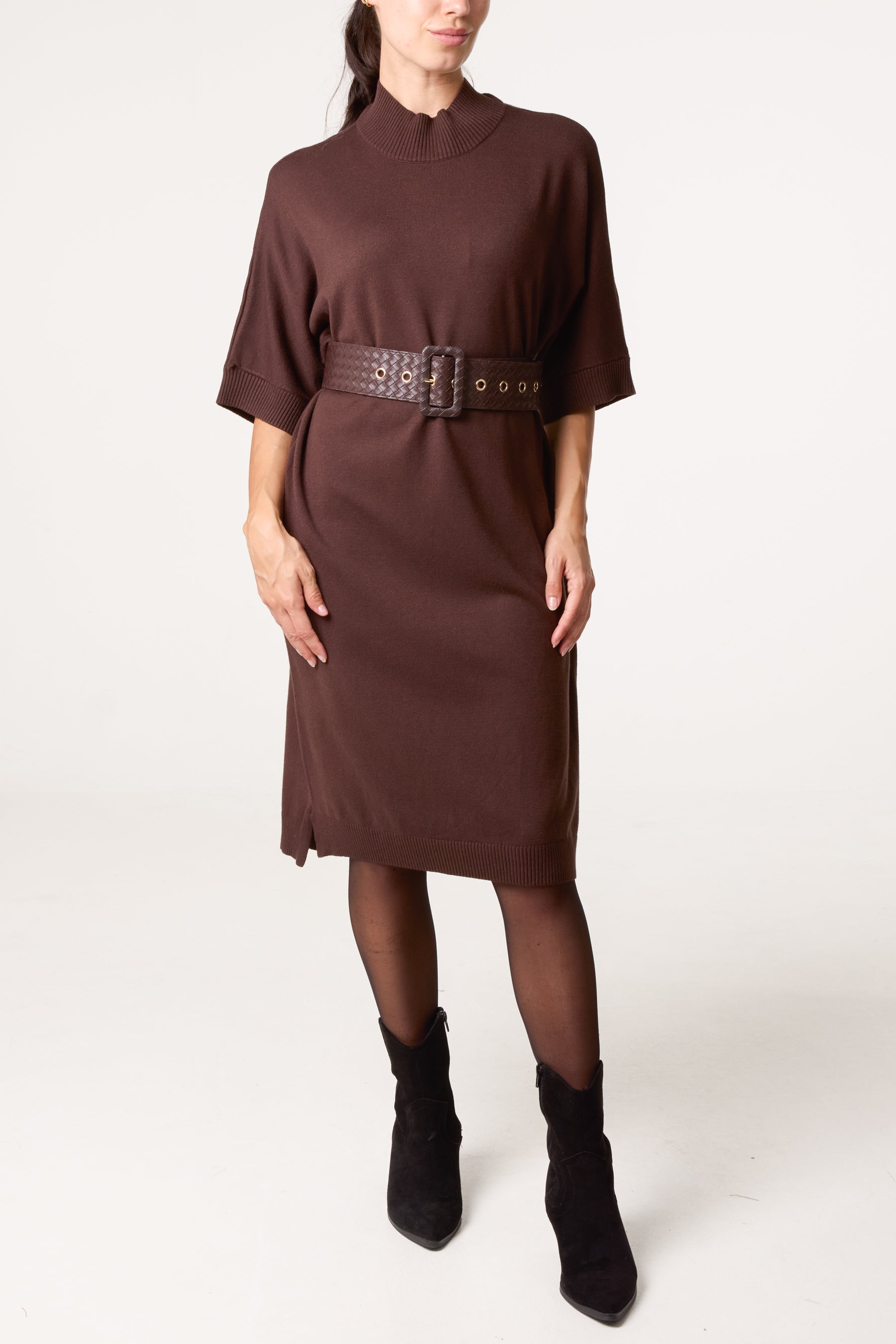 Bold Textured Belt High Neck Knit Midi Dress